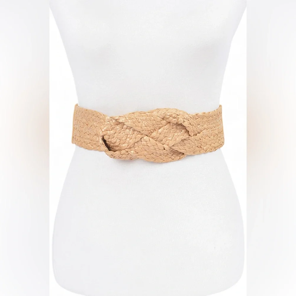 Raffia Straw Braided Elastic Statement Belt